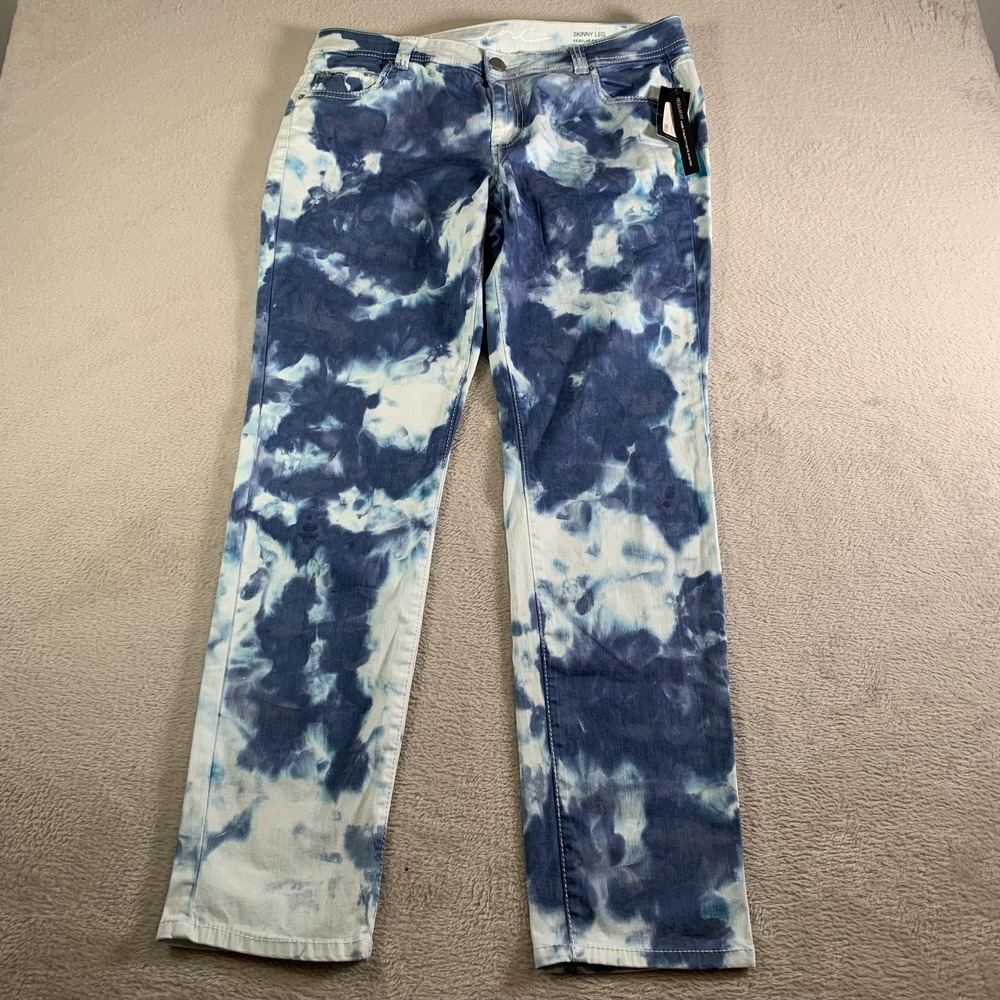 INC International Concepts Skinny Jeans Womens 14 Blue Cloud Tie Dye Stretch NEW